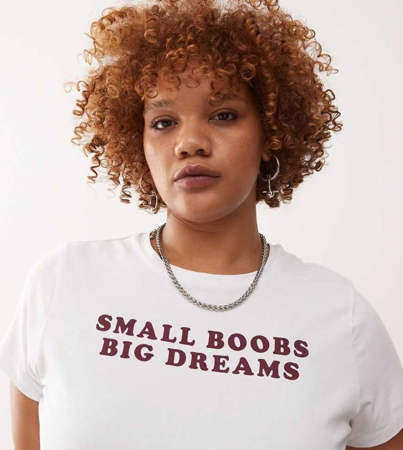 Noisy May Curve - Knapp geschnittenes T-Shirt in Weiß mit „Small Boobs"-Print von Noisy May Curve