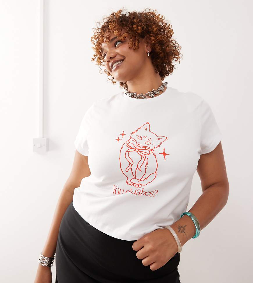 Noisy May Curve - Knapp geschnittenes T-Shirt in Weiß mit Katzengrafik Noisy May Curve - Knapp geschnittenes T-Shirt in Weiß mit Katzengrafik von Noisy May Curve
