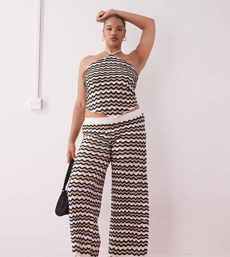 Noisy May Curve - Locker sitzende Hose aus Häkelstrick mit Wellenmuster in Schwarz und Beige, Kombiteil-Neutral von Noisy May Curve