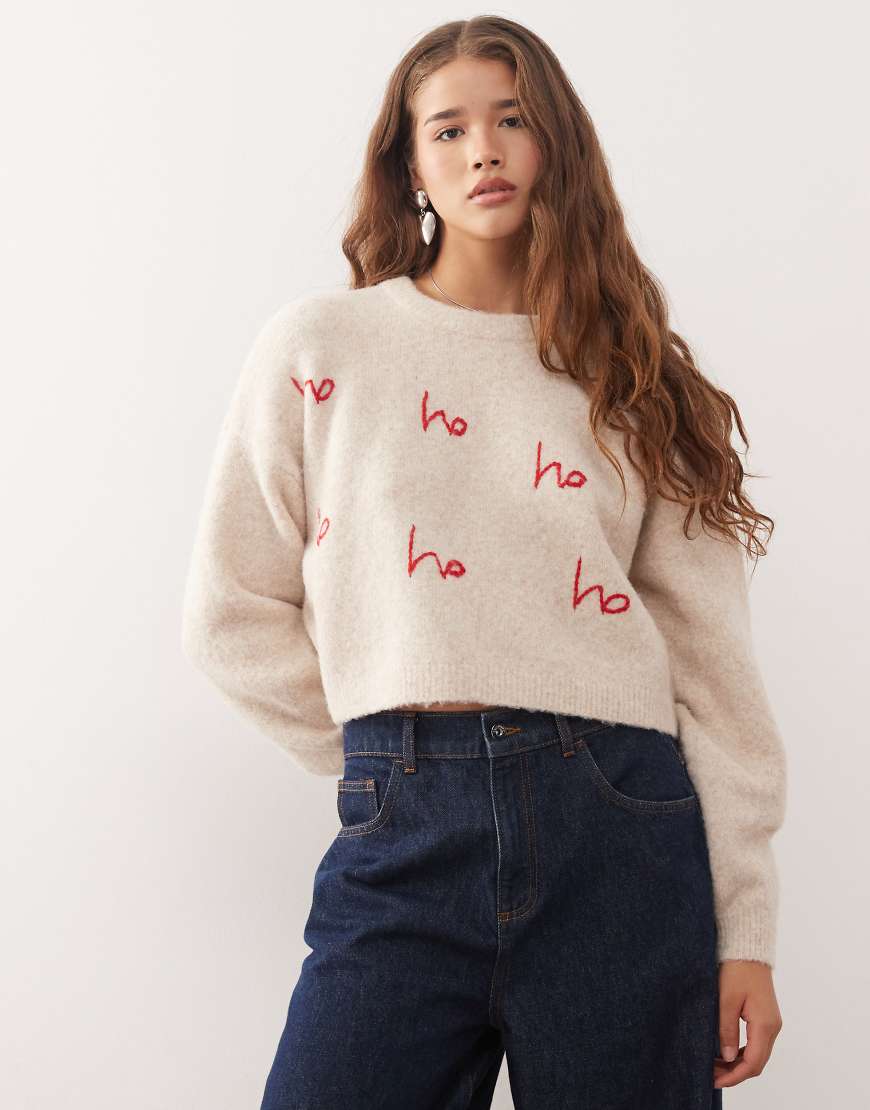 Noisy May - Bestickter Weihnachtspullover in Beige-Neutral von Noisy May