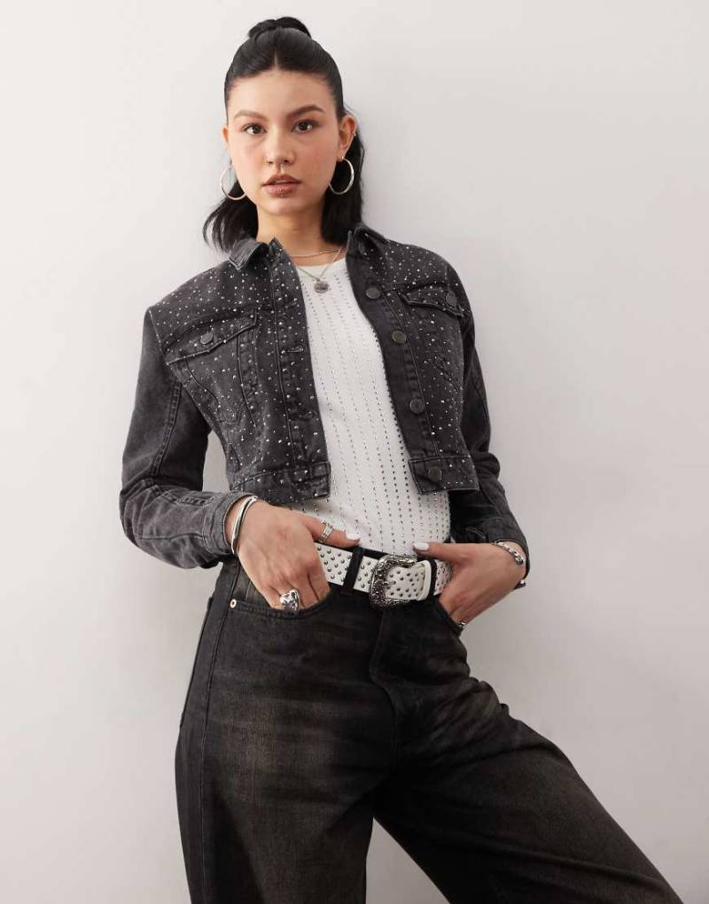 Noisy May - Cropped Jeansjacke in Schwarz mit Strasssteinen von Noisy May