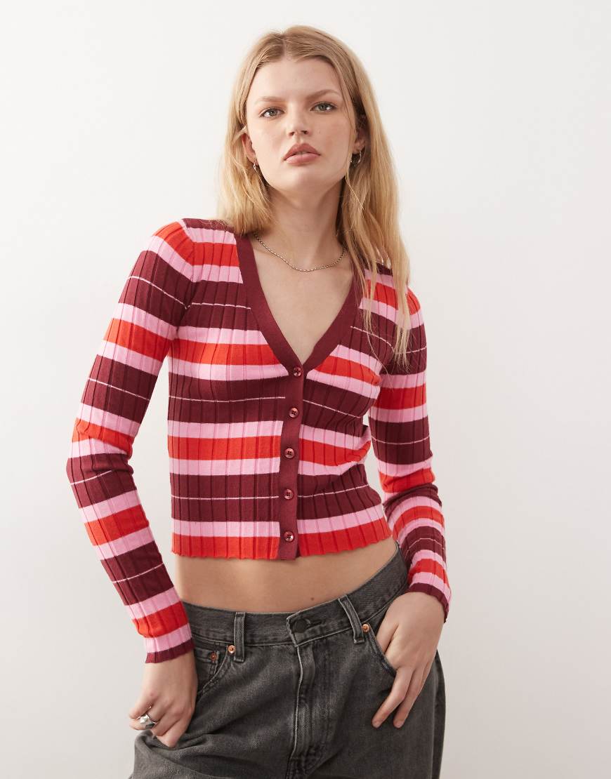 Noisy May - Gerippte Strickjacke in Rosa und Rot gestreift von Noisy May