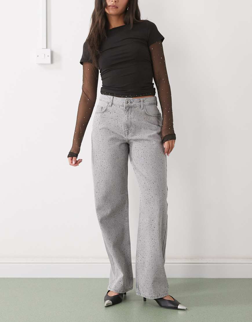 Noisy May - Jannel - Loose Fit Jeans in verwaschenem Grau mit Strassverzierung und hoher Taille von Noisy May