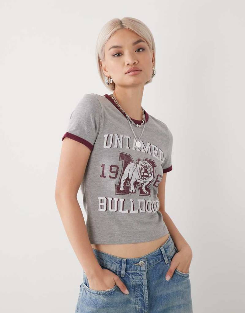 Noisy May - Ringer-T-Shirt in Hellgrau mit College-„Bulldog"-Print von Noisy May