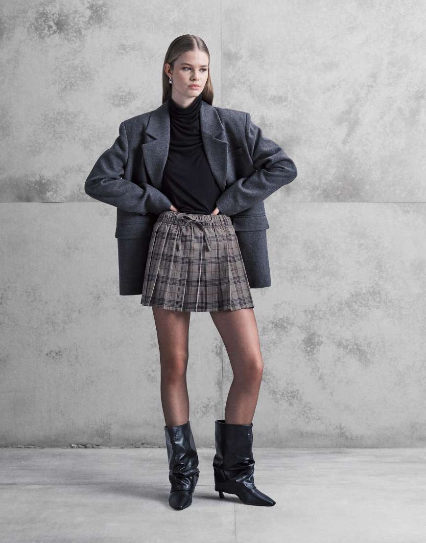 Noisy May - Mini-Faltenrock in kariertem Beige mit hohem Bund-Neutral von Noisy May