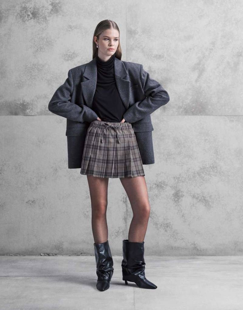 Noisy May - Mini-Faltenrock in kariertem Beige mit hohem Bund-Neutral von Noisy May