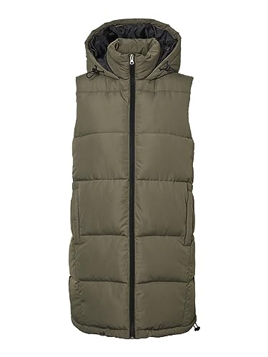 NOISY MAY Damen Lange Puffer Weste | Wattierte Stepp Übergangsjacke ohne Ärmel | mit Kapuze & Zip NMAURORA, Farben:Olive, Größe:42 von Noisy may