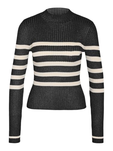 NOISY MAY Damen NMFIFI L/S HIGH Neck Rib Knit FWD NOOS Pullover, Black/Stripes:Oatmeal, M von Noisy may