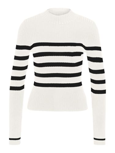 NOISY MAY Damen NMFIFI L/S HIGH Neck Rib Knit FWD NOOS Pullover, Sugar Swizzle/Stripes:Black, Medium von Noisy may