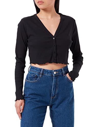 Noisy May Damen Cropped Cardigan | Kurze Gerippte Langarm Strickjacke | V-Ausschnitt Basic NMDRAKEY, Farben:Schwarz, Größe:M von Noisy may