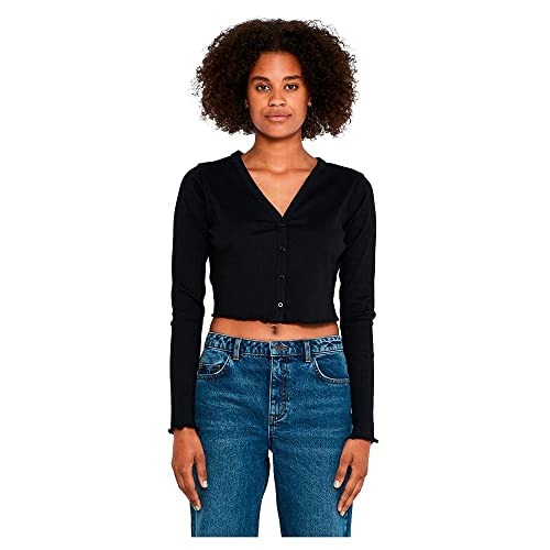 Noisy May Damen Cropped Cardigan | Kurze Gerippte Langarm Strickjacke | V-Ausschnitt Basic NMDRAKEY, Farben:Schwarz, Größe:XL von Noisy may