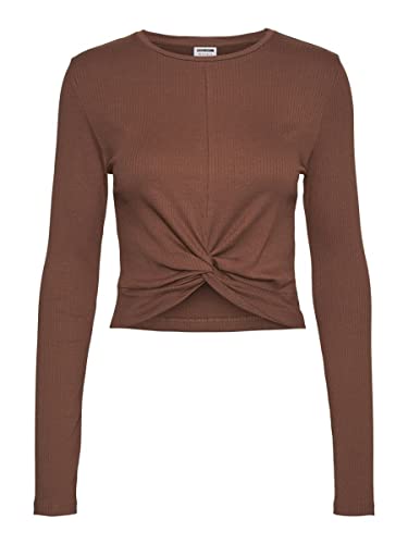 Noisy May Damen Cropped Shirt | Kurz Geripptes Langarm Basic Oberteil | Knoten Detail Bauchfrei NMDRAKEY, Farben:Braun, Größe:L von Noisy may