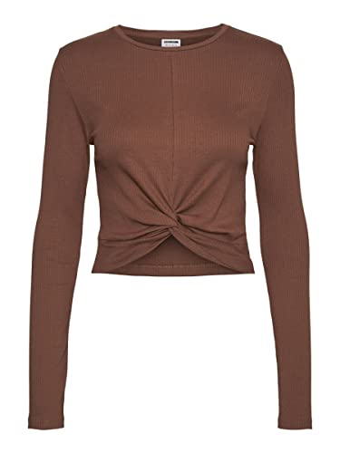 Noisy May Damen Cropped Shirt | Kurz Geripptes Langarm Basic Oberteil | Knoten Detail Bauchfrei NMDRAKEY, Farben:Braun, Größe:M von Noisy may