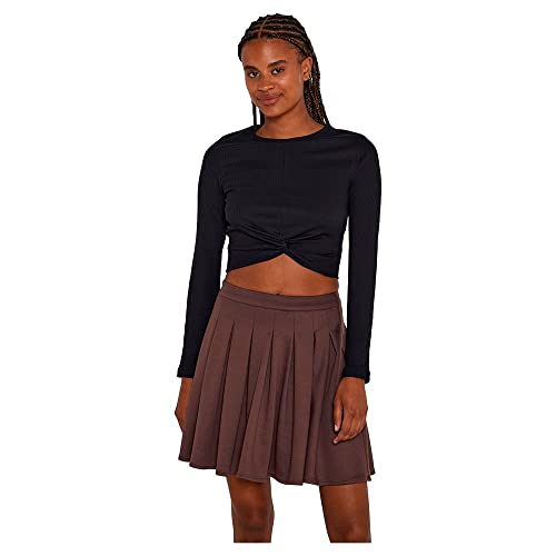 Noisy May Damen Cropped Shirt | Kurz Geripptes Langarm Basic Oberteil | Knoten Detail Bauchfrei NMDRAKEY, Farben:Schwarz, Größe:XL von Noisy may