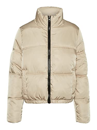 NOISY MAY Damen Kurze Puffer Übergangsjacke | Warme Stepp Jacke ohne Kapuze | Wattierter Blouson NMANNI, Farben:Beige, Größe:L von Noisy may