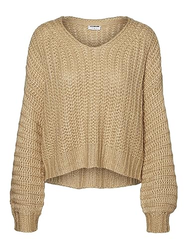 Noisy May Damen Kurzer Strickpullover | Knitted Basic Stretch Sweater | Langarm V-Neck Shirt NMSTEVE, Farben:Creme, Größe:34 von Noisy may