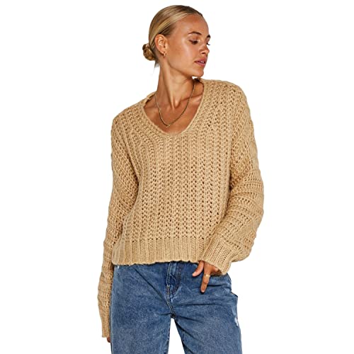 Noisy May Damen Kurzer Strickpullover | Knitted Basic Stretch Sweater | Langarm V-Neck Shirt NMSTEVE, Farben:Creme, Größe:36 von Noisy may