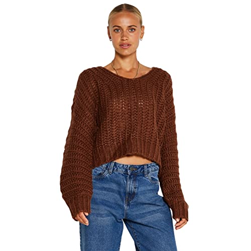 Noisy May Damen Kurzer Strickpullover | Knitted Basic Stretch Sweater | Langarm V-Neck Shirt NMSTEVE, Farben:Dunkelbraun, Größe:34 von Noisy may