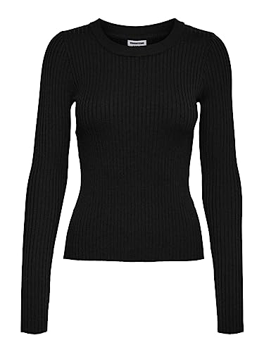 Noisy May Damen Rundhals Strickpullover | Slim Fit Stretch Sweater | Basic Langarm Shirt Gerippt NMSHIP, Farben:Schwarz, Größe:M von Noisy may