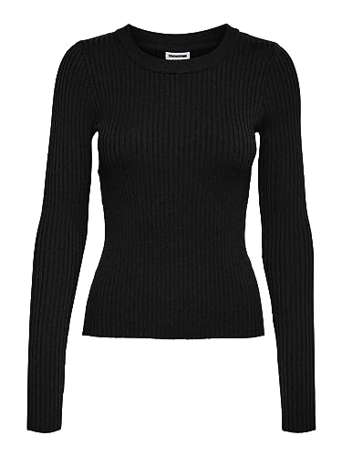 Noisy May Damen Rundhals Strickpullover | Slim Fit Stretch Sweater | Basic Langarm Shirt Gerippt NMSHIP, Farben:Schwarz, Größe:S von Noisy may