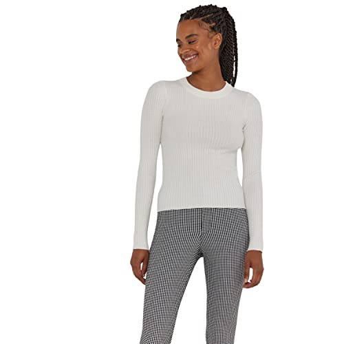 Noisy May Damen Rundhals Strickpullover | Slim Fit Stretch Sweater | Basic Langarm Shirt Gerippt NMSHIP, Farben:Weiß, Größe:L von Noisy may