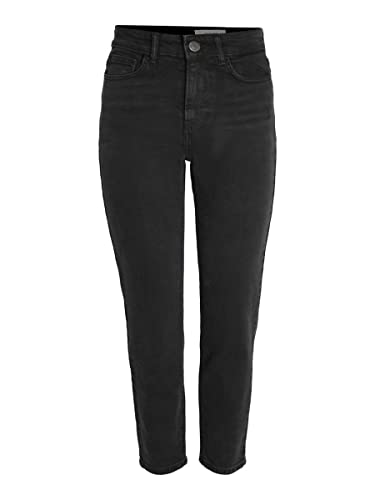 Noisy May Damen Straight Fit Cropped Jeans High Waist Denim Stretch Hose Raw Wash Pants NMMONI, Farben:Schwarz, Größe:28W / 34L, Z-Länge:L34 von Noisy may