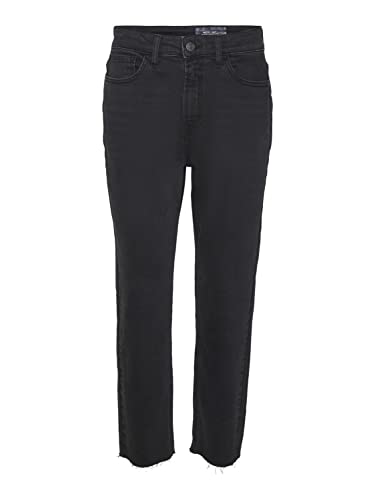 Noisy May Damen Straight Fit Cropped Jeans High Waist Denim Stretch Hose Raw Wash Pants NMMONI, Farben:Schwarz, Größe:32W / 34L, Z-Länge:L34 von Noisy may