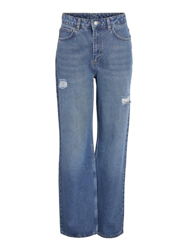 Noisy may Damen Jeans Straight Fit hohe Taille 5-Pocket Reißverschluss Wide Leg, Farben:Blau-3, Größe:29W / 32L, Beinlänge:L32 von Noisy may