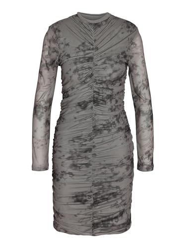 Noisy may Damen Kleid Kurz Stretch Allover-Print Rundhals Langarm Figurbetont Raffungen, Farben:Grau, Größe:L von Noisy may