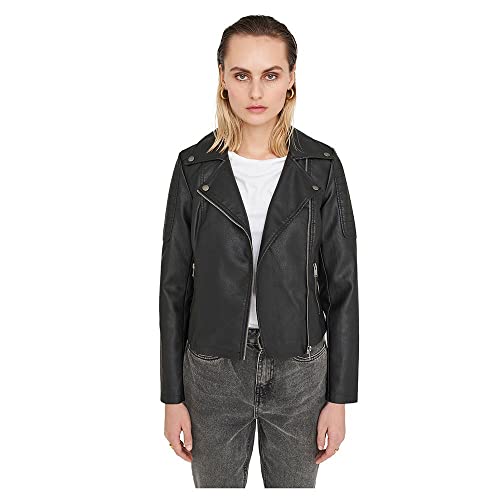 Noisy may Damen Kunstleder Jacke Biker Jacket Übergangsjacke Langarm Shacket PU Coated NMREBEL, Farben:Schwarz-2, Größe:XXL von Noisy may