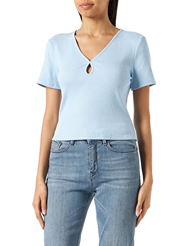 Noisy may Damen Kurzes RIPP Oberteil Slim Fit T-Shirt mit Cut-Out V-Ausschnitt Kurzarm Top NMMAYA, Farben:Blau-3, Größe:S von Noisy may