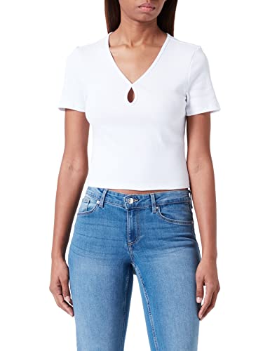 Noisy may Damen Kurzes RIPP Oberteil Slim Fit T-Shirt mit Cut-Out V-Ausschnitt Kurzarm Top NMMAYA, Farben:Weiß-2, Größe:L von Noisy may