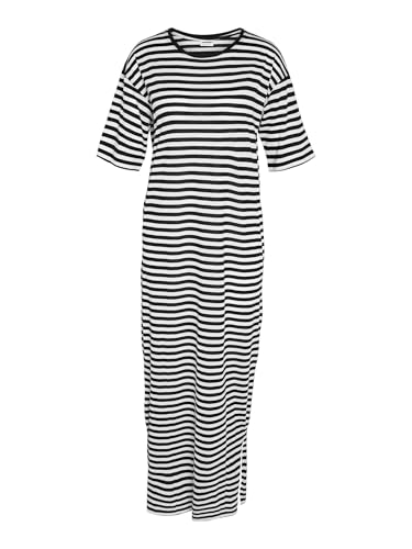 Noisy may Damen Maxikleid Long Shirt Kleid Extralang Loose Fit Rundhals Basic Dress, Farben:weiß/schwarz, Größe:S von Noisy may