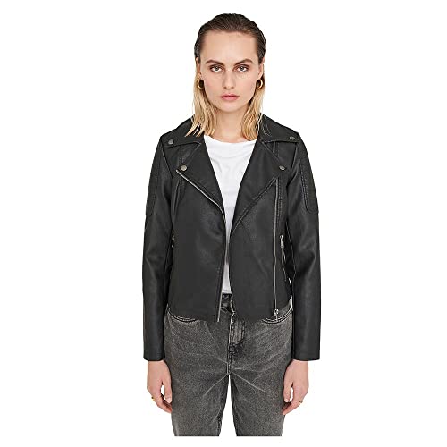 Noisy may Damen Kunstleder Jacke Biker Jacket Übergangsjacke Langarm Shacket PU Coated NMREBEL, Farben:Schwarz-2, Größe:XL von Noisy may