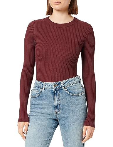 Noisy may Damen Rundhals Strickpullover Slim Fit Stretch Sweater Basic Langarm Shirt Gerippt NMSHIP, Farben:Bordeaux,Größe Damen:S von Noisy may