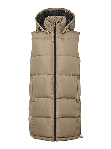 NOISY MAY Damen Lange Puffer Weste | Wattierte Stepp Übergangsjacke ohne Ärmel | mit Kapuze & Zip NMAURORA, Farben:Beige, Größe:38 von Noisy may