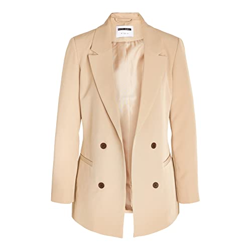 Noisy may Eleganter Blazer Tailliert mit Taschen Langer Basic Cardigan Business Jacke Mantel NMVIVIAN, Farben:Beige,Größe Damen:S von Noisy may