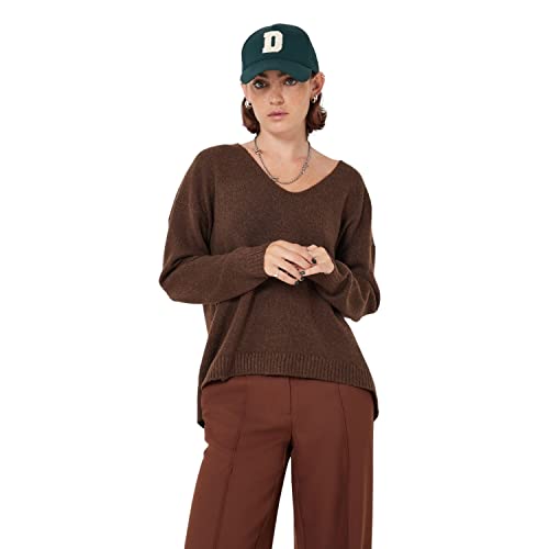 Noisy May Damen Strickpullover | Knitted Basic Stretch Sweater | Langarm V-Neck Shirt NMSON, Farben:Braun, Größe:XS von Noisy may