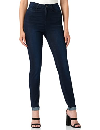 Noisy May Damen Skinny Fit Jeans | High Waist Denim Stretch Hose | Raw Vintage Design Pants NMCALLIE, Farben:Dunkelblau, Größe:27W / 32L von Noisy may