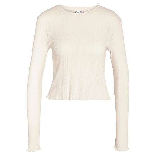 Noisy may Oberteil mit Rüschen Langarm Pointelle Feinstrick Shirt Rundhals Babylock Top NMJUDY, Farben:Weiß,Größe Damen:M von Noisy may