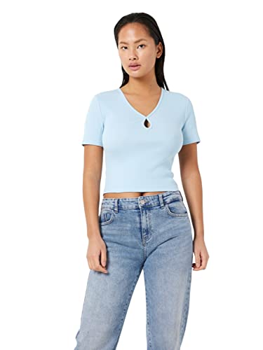 Noisy may Damen Kurzes RIPP Oberteil Slim Fit T-Shirt mit Cut-Out V-Ausschnitt Kurzarm Top NMMAYA, Farben:Blau-3, Größe:S von Noisy may