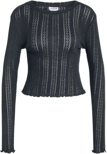Noisy may Oberteil mit Rüschen Langarm Pointelle Feinstrick Shirt Rundhals Babylock Top NMJUDY, Farben:Schwarz,Größe Damen:L von Noisy may