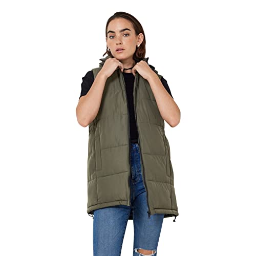 NOISY MAY Damen Lange Puffer Weste | Wattierte Stepp Übergangsjacke ohne Ärmel | mit Kapuze & Zip NMAURORA, Farben:Olive, Größe:40 von Noisy may