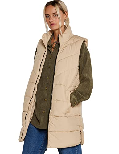 NOISY MAY Damen Winter Weste NMDALCON lange wattierte Puffer Stepp Jacke mit Zip ohne Ärmel, Farben:Beige, Größe:L von Noisy may