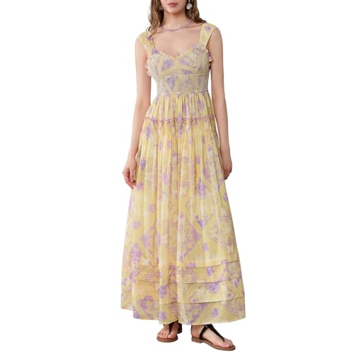 Damen Y2k Floral Boho Sommerkleid Ärmellos Spaghettiträger Smocked Maxikleid Sommer Swing A-Linie Langes Kleid Freizeitkleid (Gelb, M) von Nokiwiqis