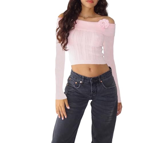 Damen Y2k Sexy Langarmshirt Schulterfrei Crop Top Einfarbig Rippenstrick T Shirt Casual Mädchen Schlanke Passform Pulli Oberteil (Rosa, S) von Nokiwiqis