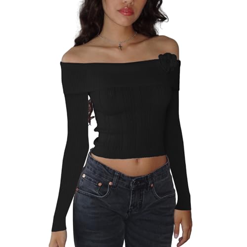 Damen Y2k Sexy Langarmshirt Schulterfrei Crop Top Einfarbig Rippenstrick T Shirt Casual Mädchen Schlanke Passform Pulli Oberteil (Schwarz, S) von Nokiwiqis