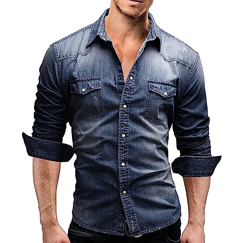 Herren Jeanshemd Langarm Western Cowboy-Style Denim Shirt Button Down Freizeit Hemd Vintage Regular Fit Freizeithemd mit Tasche (Dunkelblau, L) von Nokiwiqis