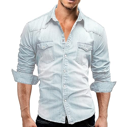 Herren Jeanshemd Langarm Western Cowboy-Style Denim Shirt Button Down Freizeit Hemd Vintage Regular Fit Freizeithemd mit Tasche (Hellblau, XXL) von Nokiwiqis