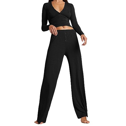 Nokiwiqis Damen 2 Stück Strick Outfits Sexy Langarm V-Ausschnitt Crop Top Hohe Taille Elastische Hosen Zweiteiler Trainingsanzug Loungewear Set Freizeitanzug (Schwarz, L) von Nokiwiqis